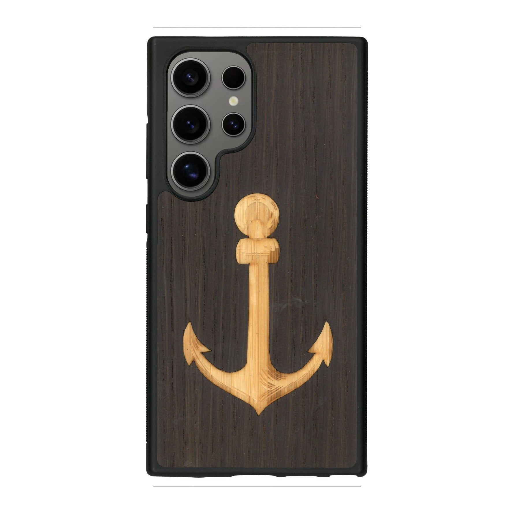 Coque de protection en bois véritable fabriquée en France pour Samsung S25 Ultra sur le thème nautique avec un bois clair et un bois foncé représentant une ancre de bateau