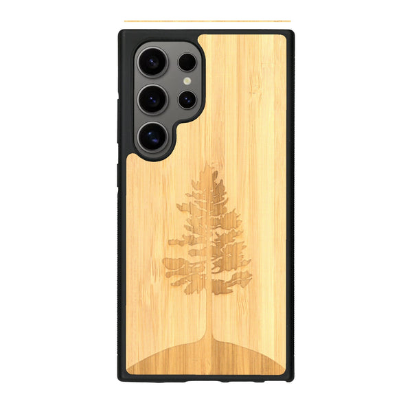 Coque de protection en bois véritable fabriquée en France pour Samsung S25 Ultra sur le thème de la nature, de la fôret et de l'écoresponsabilité avec une gravure représentant un arbre 