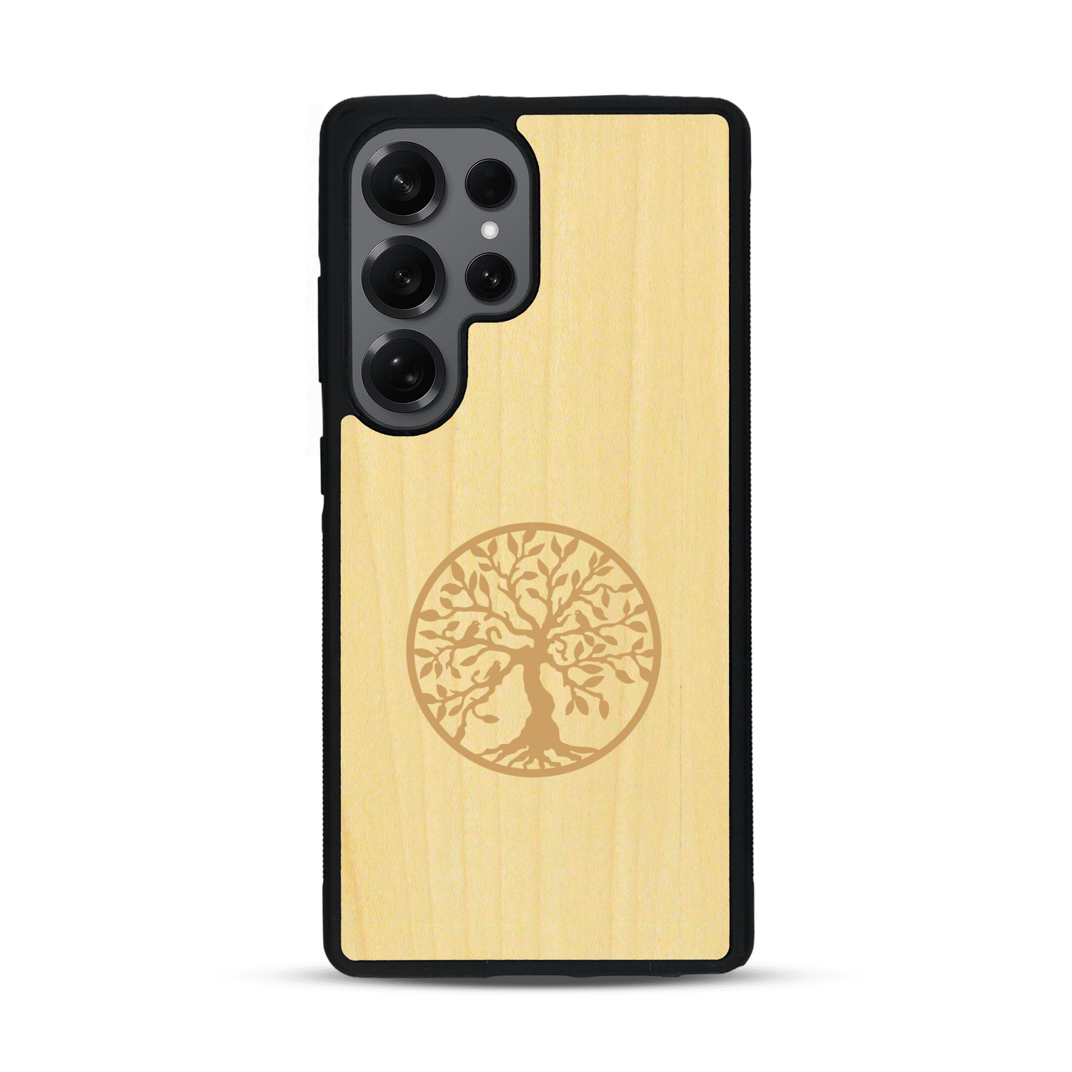 Coque de protection en bois véritable fabriquée en France pour  sur le thème de la spiritualité et du yoga avec une gravure zen représentant un arbre de vie