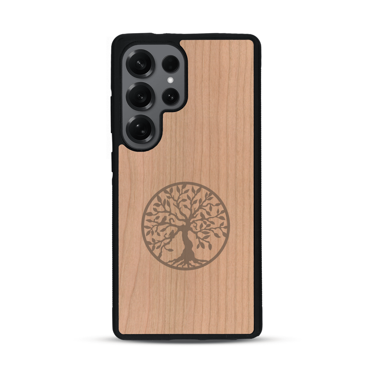 Coque de protection en bois véritable fabriquée en France pour  sur le thème de la spiritualité et du yoga avec une gravure zen représentant un arbre de vie