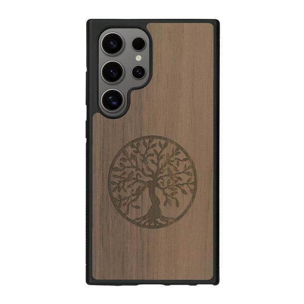 Coque de protection en bois véritable fabriquée en France pour Samsung S25 Ultra sur le thème de la spiritualité et du yoga avec une gravure zen représentant un arbre de vie