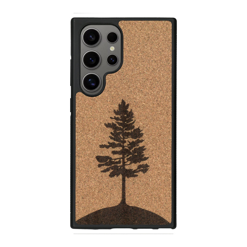 Coque de protection en bois véritable fabriquée en France pour Samsung S25 Ultra sur le thème de la nature, de la fôret et de l'écoresponsabilité avec une gravure représentant un arbre 