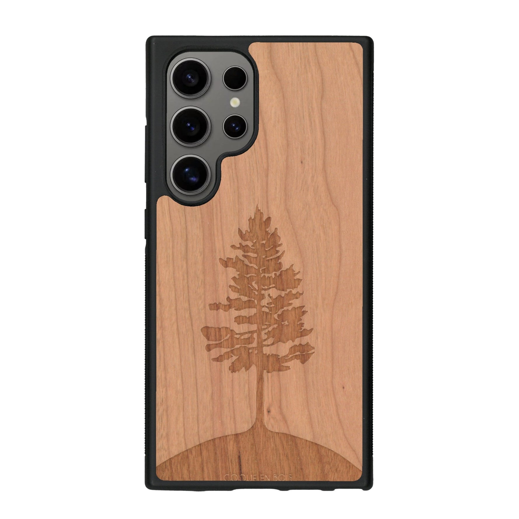 Coque de protection en bois véritable fabriquée en France pour Samsung S25 Ultra sur le thème de la nature, de la fôret et de l'écoresponsabilité avec une gravure représentant un arbre 