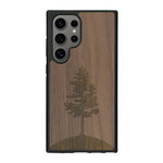 Coque de protection en bois véritable fabriquée en France pour Samsung S25 Ultra sur le thème de la nature, de la fôret et de l'écoresponsabilité avec une gravure représentant un arbre 