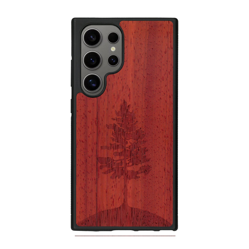 Coque de protection en bois véritable fabriquée en France pour Samsung S25 Ultra sur le thème de la nature, de la fôret et de l'écoresponsabilité avec une gravure représentant un arbre 
