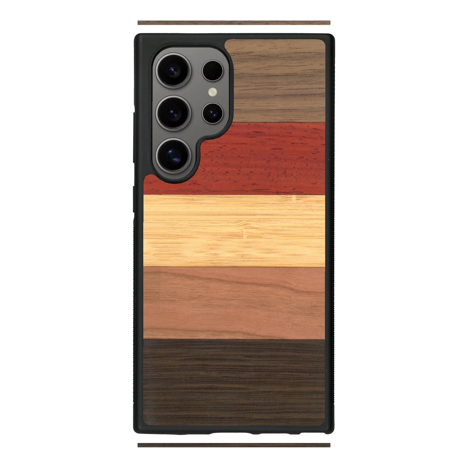 Coque de protection en bois véritable fabriquée en France pour Samsung S25 Ultra alliant des bandes horizontales de bambou, merisier, padouk, noyer et chêne fumé