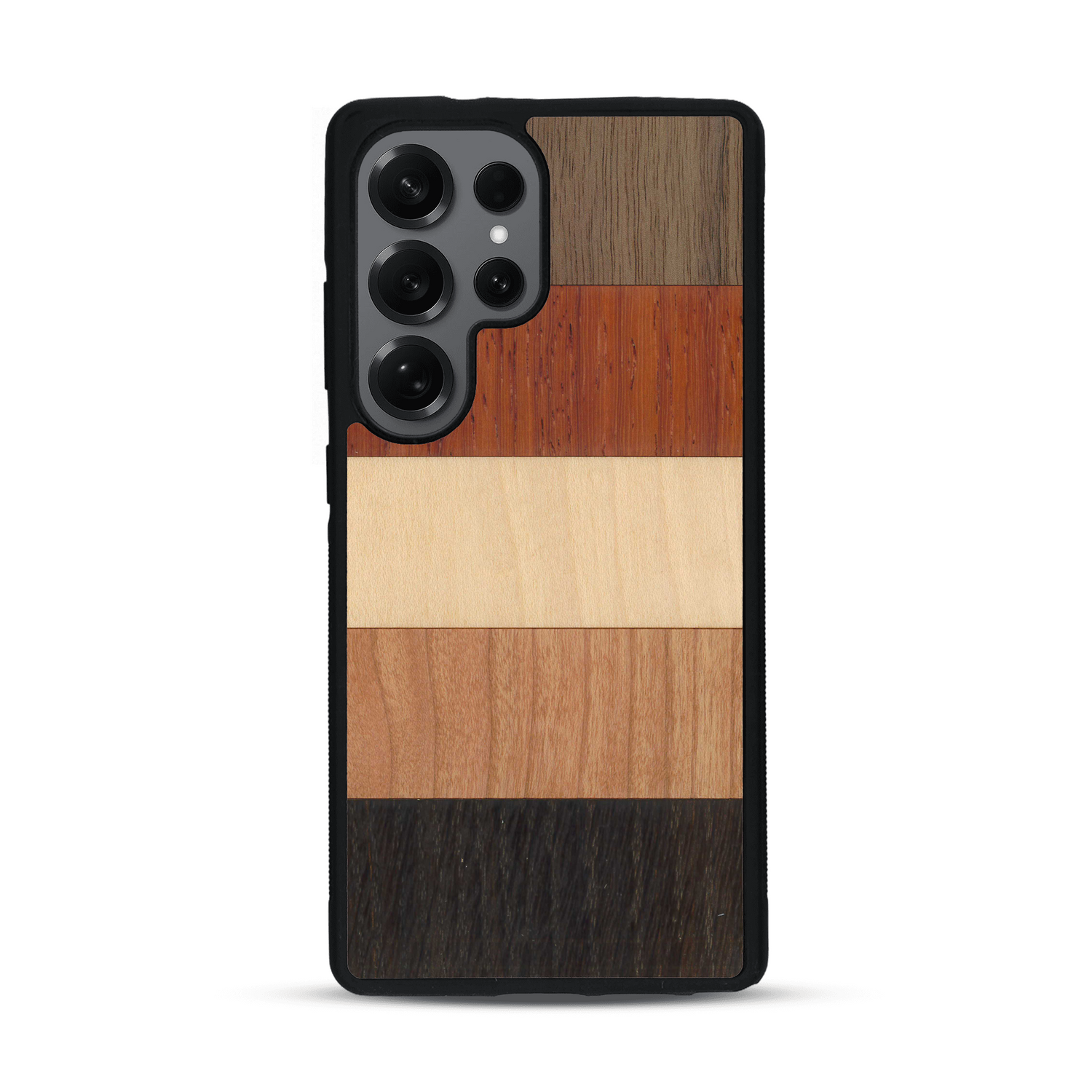 Coque de protection en bois véritable fabriquée en France pour  alliant des bandes horizontales de bambou, merisier, padouk, noyer et chêne fumé