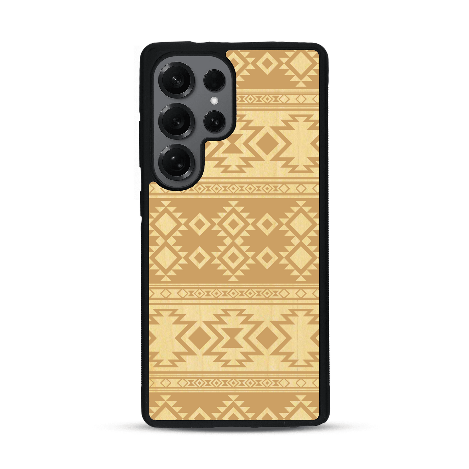 Coque de protection en bois véritable fabriquée en France pour  avec des motifs géométriques s'inspirant des temples aztèques, mayas et incas
