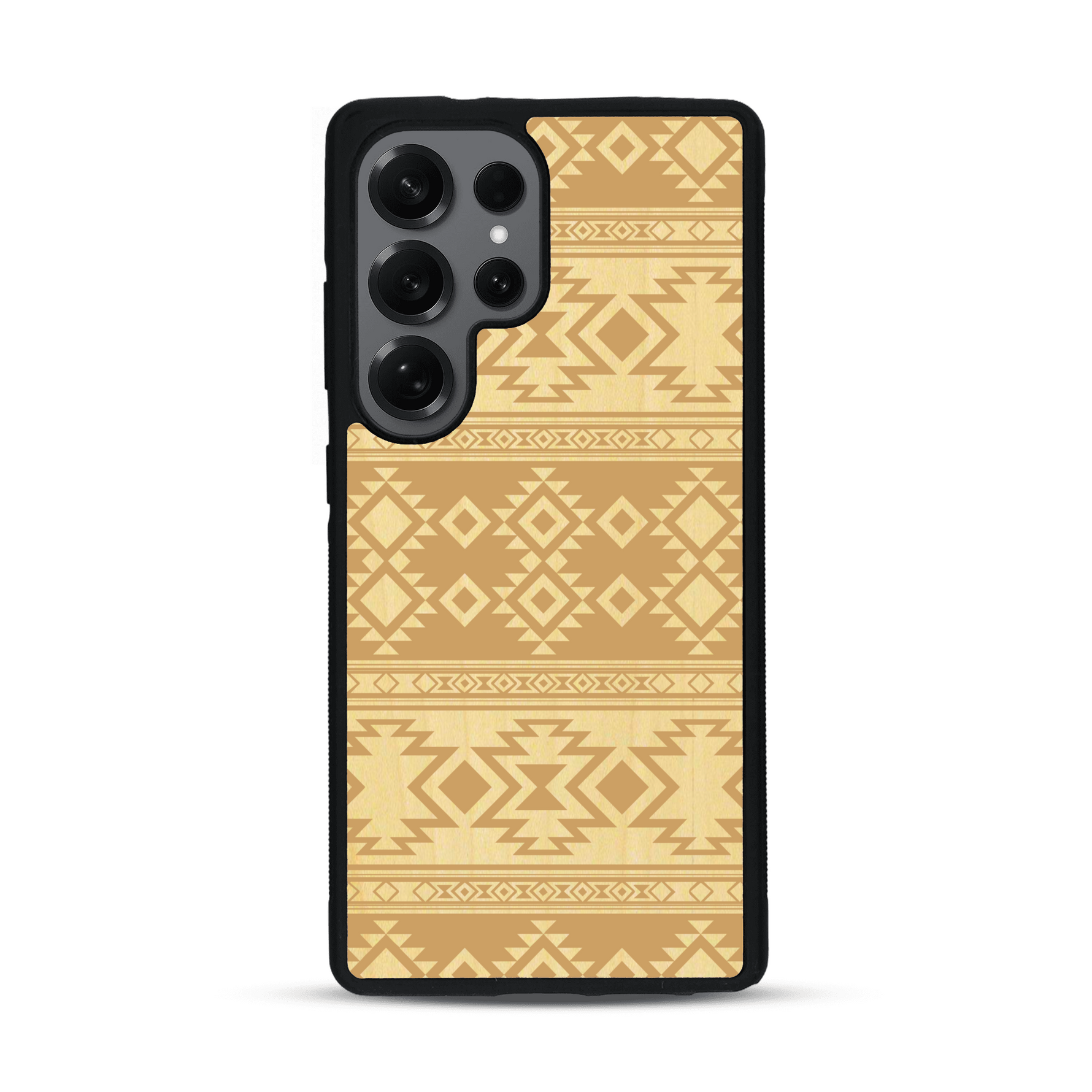 Coque de protection en bois véritable fabriquée en France pour  avec des motifs géométriques s'inspirant des temples aztèques, mayas et incas