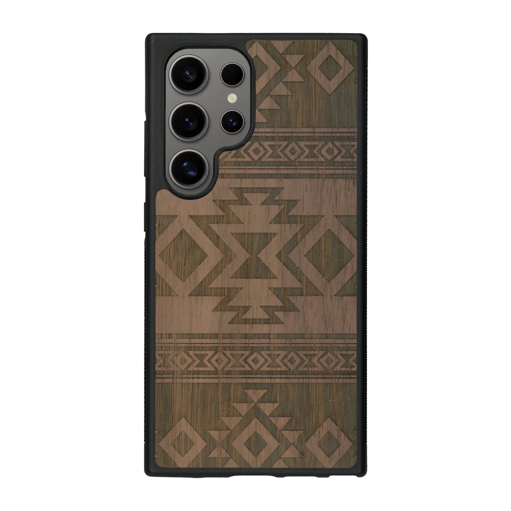 Coque de protection en bois véritable fabriquée en France pour Samsung S25 Ultra avec des motifs géométriques s'inspirant des temples aztèques, mayas et incas