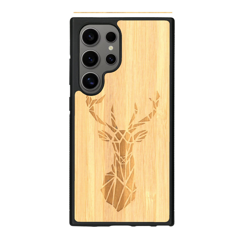 Coque de protection en bois véritable fabriquée en France pour Samsung S25 Ultra sur le thème de la nature et des animaux représentant une tête de cerf gométrique avec un design moderne et minimaliste