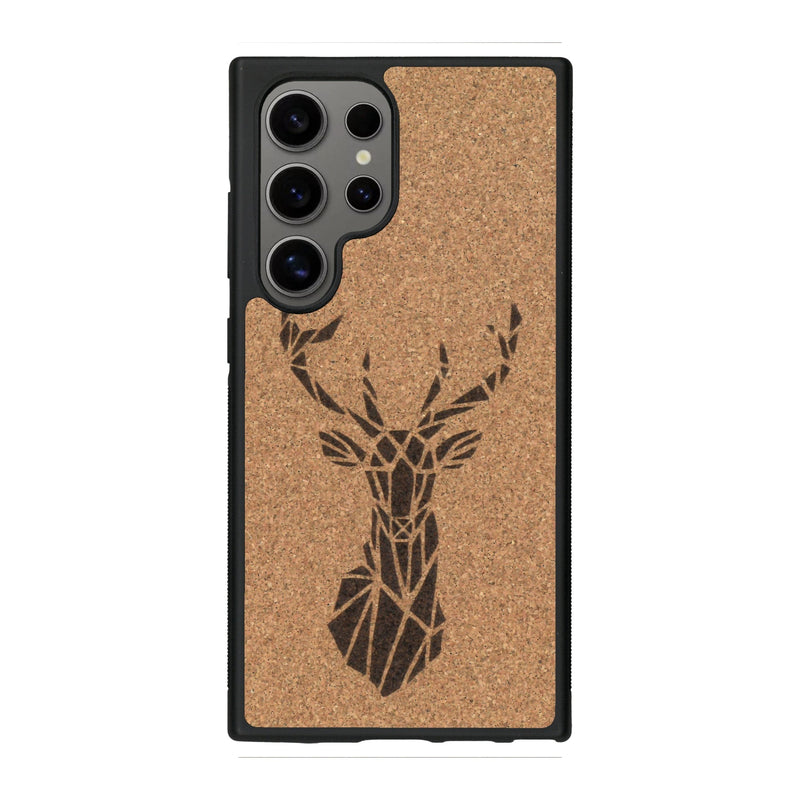 Coque de protection en bois véritable fabriquée en France pour Samsung S25 Ultra sur le thème de la nature et des animaux représentant une tête de cerf gométrique avec un design moderne et minimaliste
