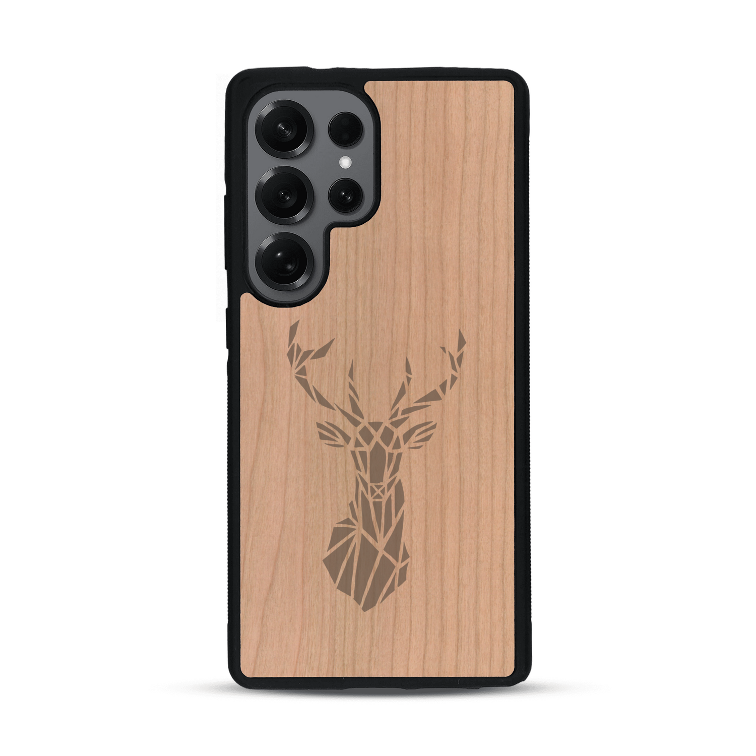 Coque de protection en bois véritable fabriquée en France pour  sur le thème de la nature et des animaux représentant une tête de cerf gométrique avec un design moderne et minimaliste