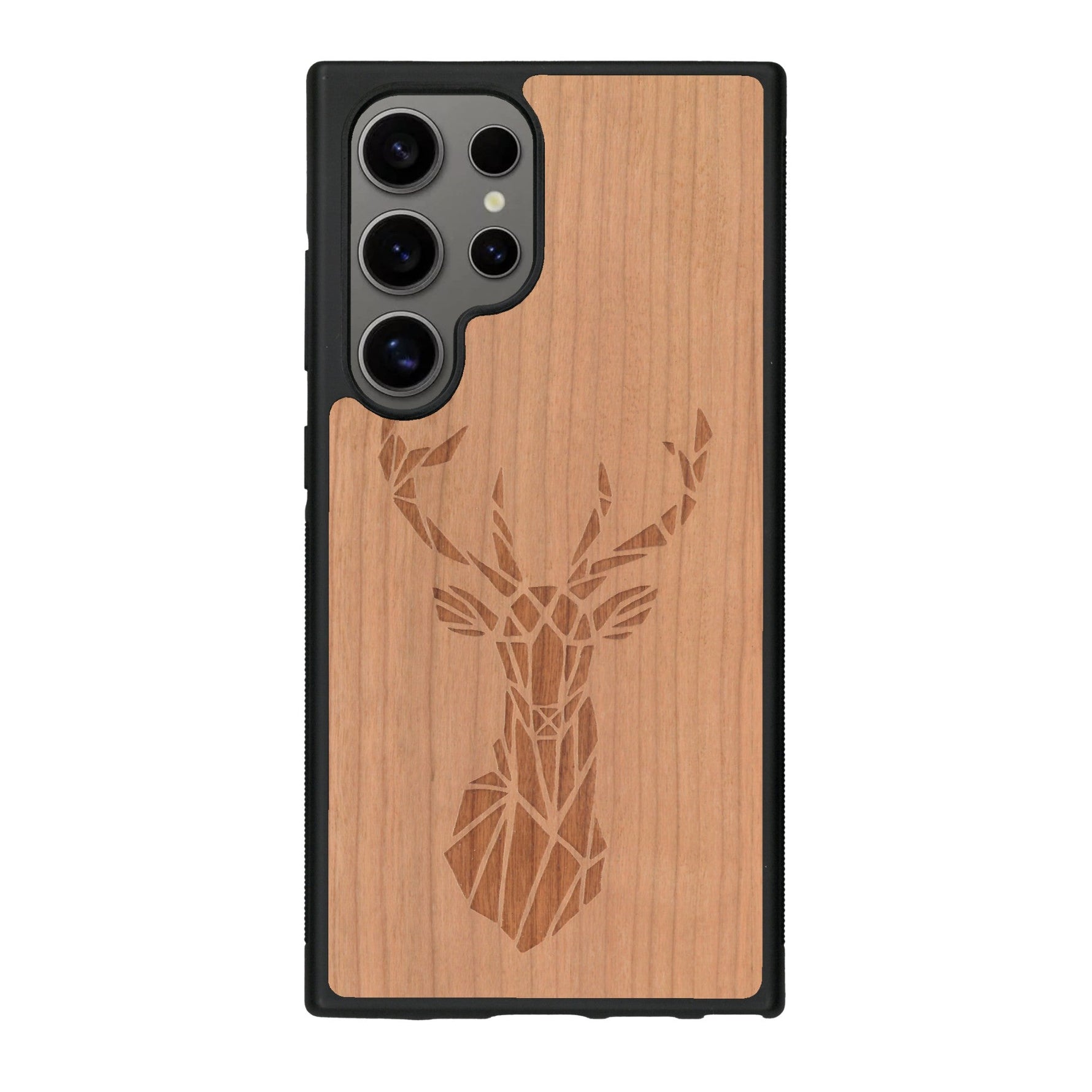 Coque de protection en bois véritable fabriquée en France pour Samsung S25 Ultra sur le thème de la nature et des animaux représentant une tête de cerf gométrique avec un design moderne et minimaliste