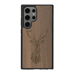 Coque de protection en bois véritable fabriquée en France pour Samsung S25 Ultra sur le thème de la nature et des animaux représentant une tête de cerf gométrique avec un design moderne et minimaliste