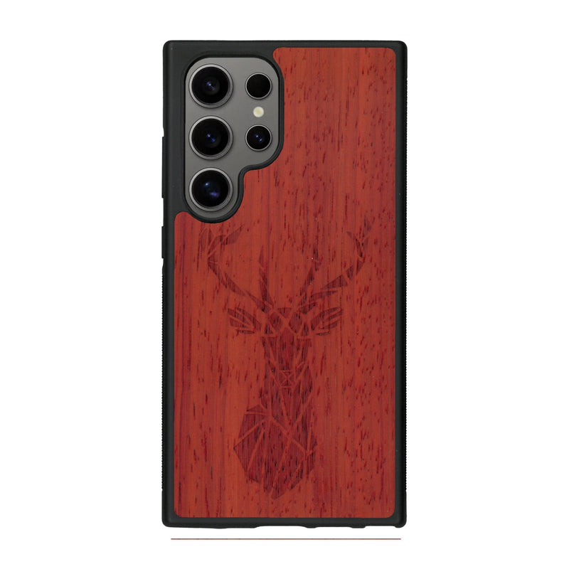 Coque de protection en bois véritable fabriquée en France pour Samsung S25 Ultra sur le thème de la nature et des animaux représentant une tête de cerf gométrique avec un design moderne et minimaliste