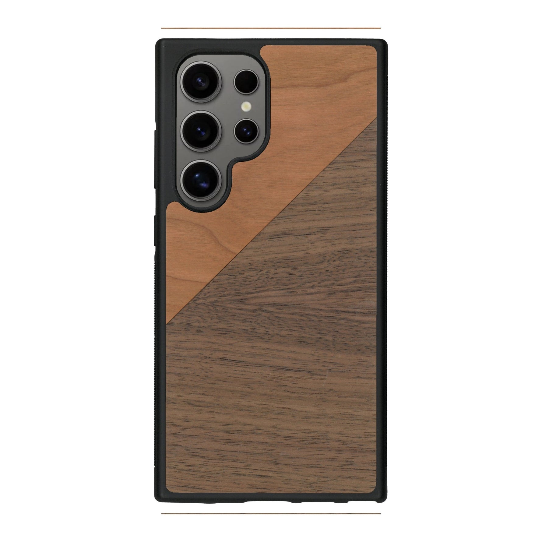 Coque de protection en bois véritable fabriquée en France pour Samsung S25 Ultra alliant du merisier et du noyer formant chacun un triangle avec une jointure en diagonale sur le thème de l'art abstrait