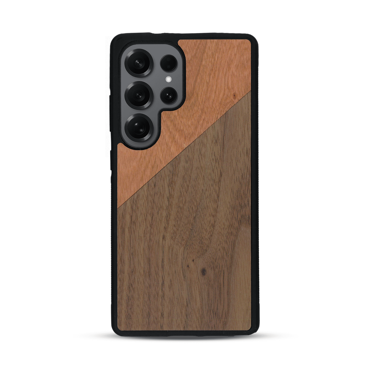 Coque de protection en bois véritable fabriquée en France pour  alliant du merisier et du noyer formant chacun un triangle avec une jointure en diagonale sur le thème de l'art abstrait