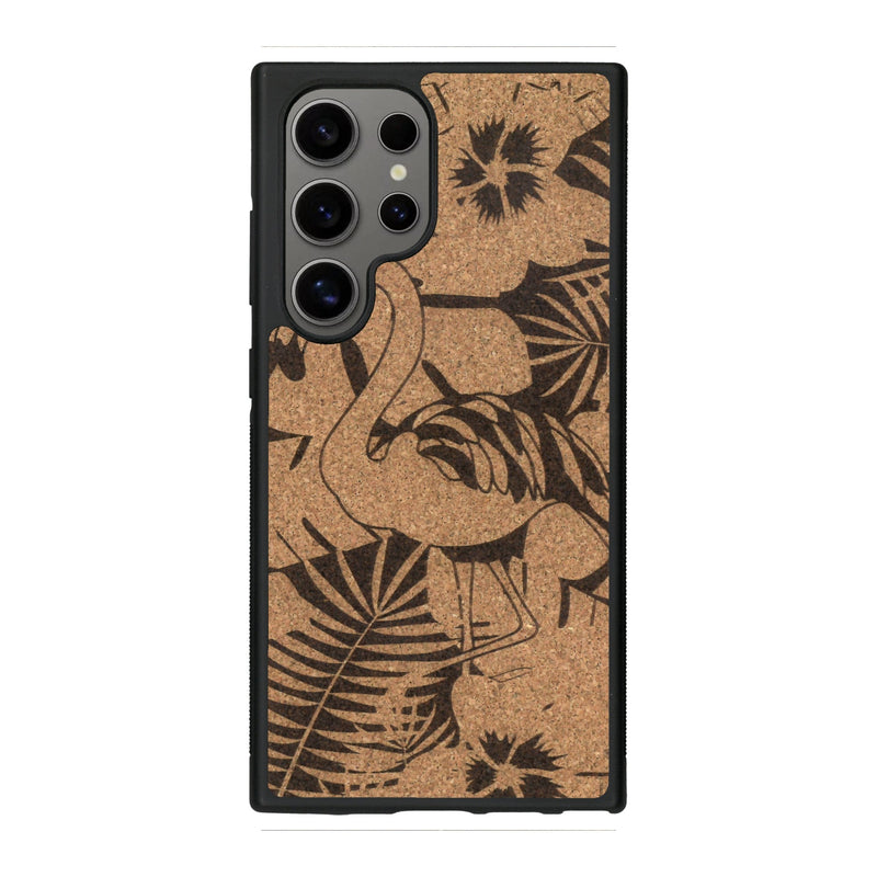 Coque de protection en bois véritable fabriquée en France pour Samsung S25 Ultra sur le thème de la nature et des animaux représentant un flamant rose entre des fougères