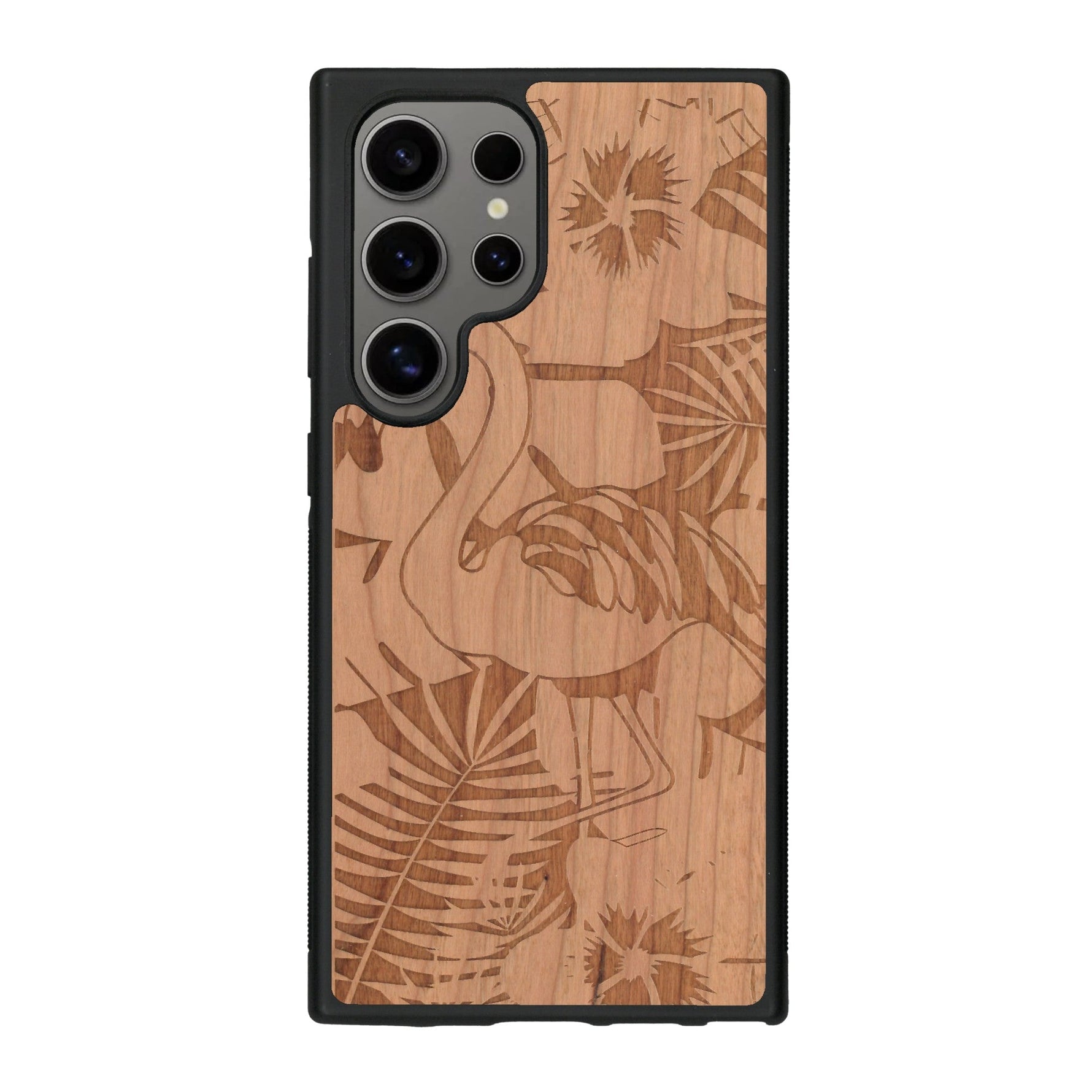 Coque de protection en bois véritable fabriquée en France pour Samsung S25 Ultra sur le thème de la nature et des animaux représentant un flamant rose entre des fougères