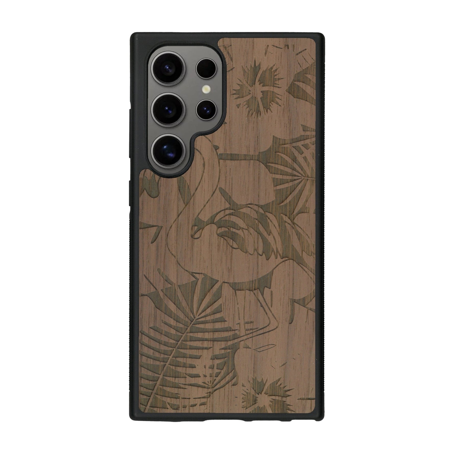 Coque de protection en bois véritable fabriquée en France pour Samsung S25 Ultra sur le thème de la nature et des animaux représentant un flamant rose entre des fougères