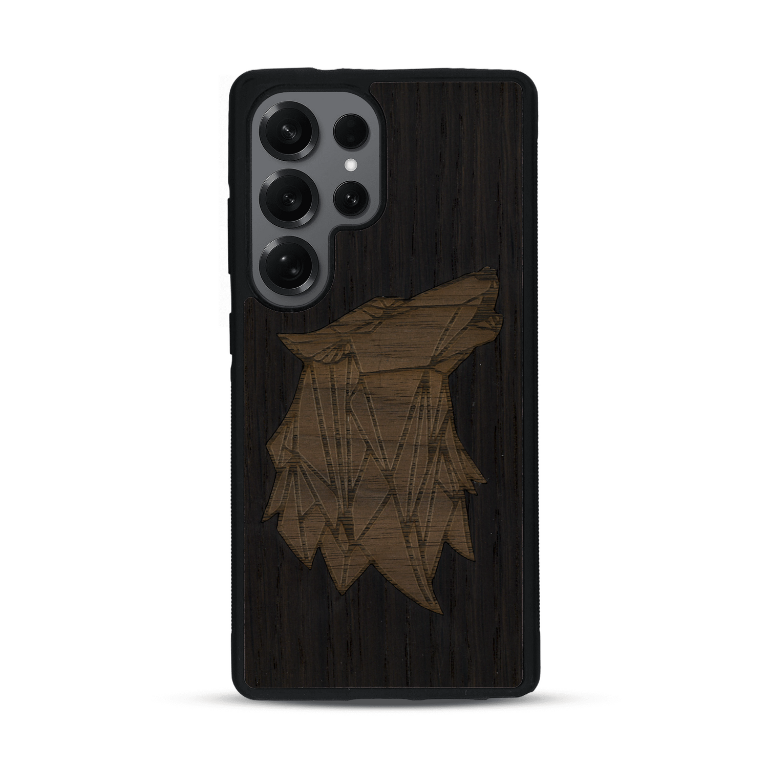 Coque de protection en bois véritable fabriquée en France pour  alliant du chêne fumé et du noyer représentant une tête de loup géométrique de profil sur le thème des animaux et de la nature