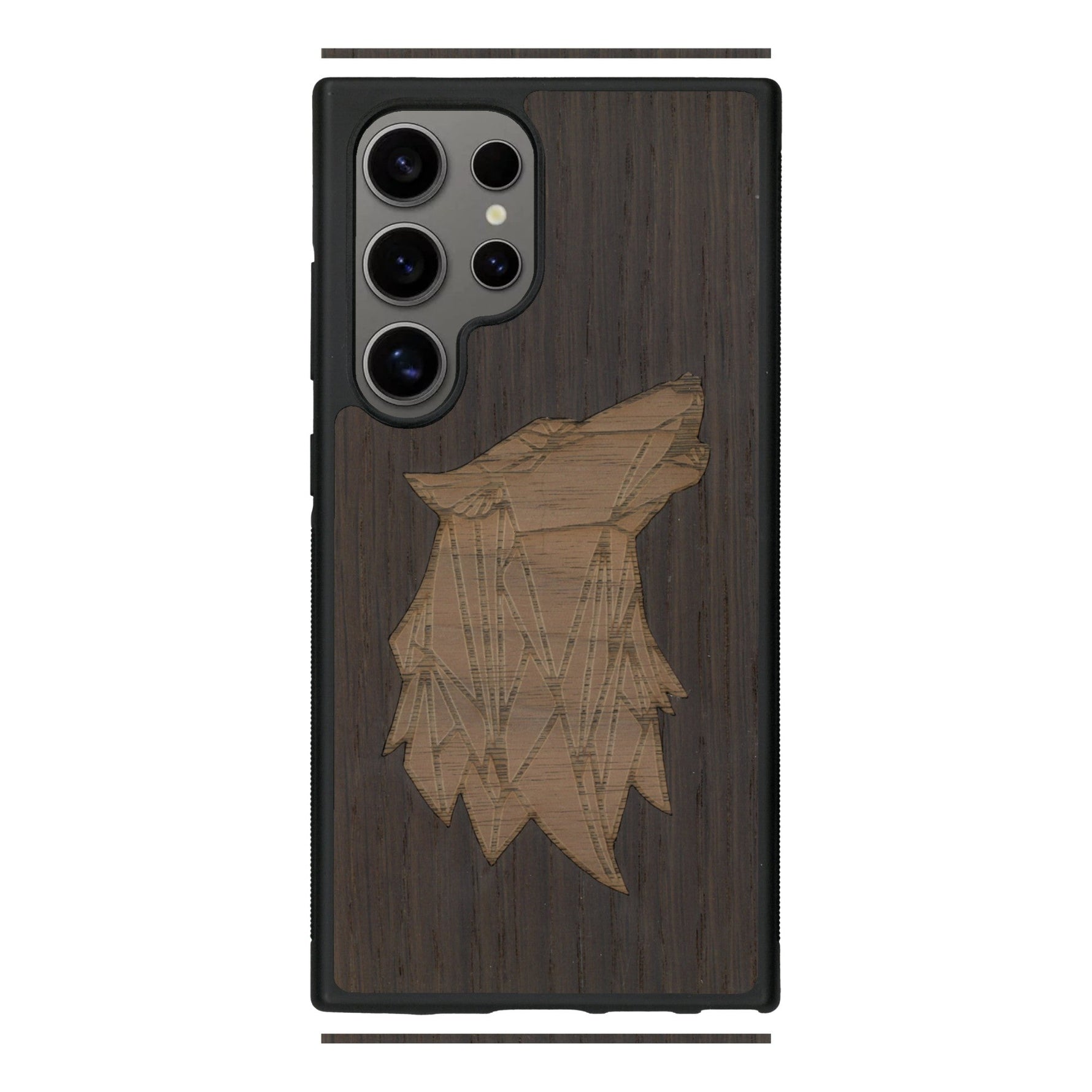 Coque de protection en bois véritable fabriquée en France pour Samsung S25 Ultra alliant du chêne fumé et du noyer représentant une tête de loup géométrique de profil sur le thème des animaux et de la nature