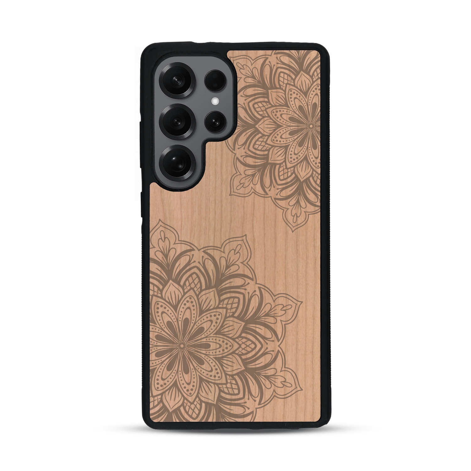 Coque de protection en bois véritable fabriquée en France pour  sur le thème de la bohème et du tatouage au henné avec une gravure représentant un mandala