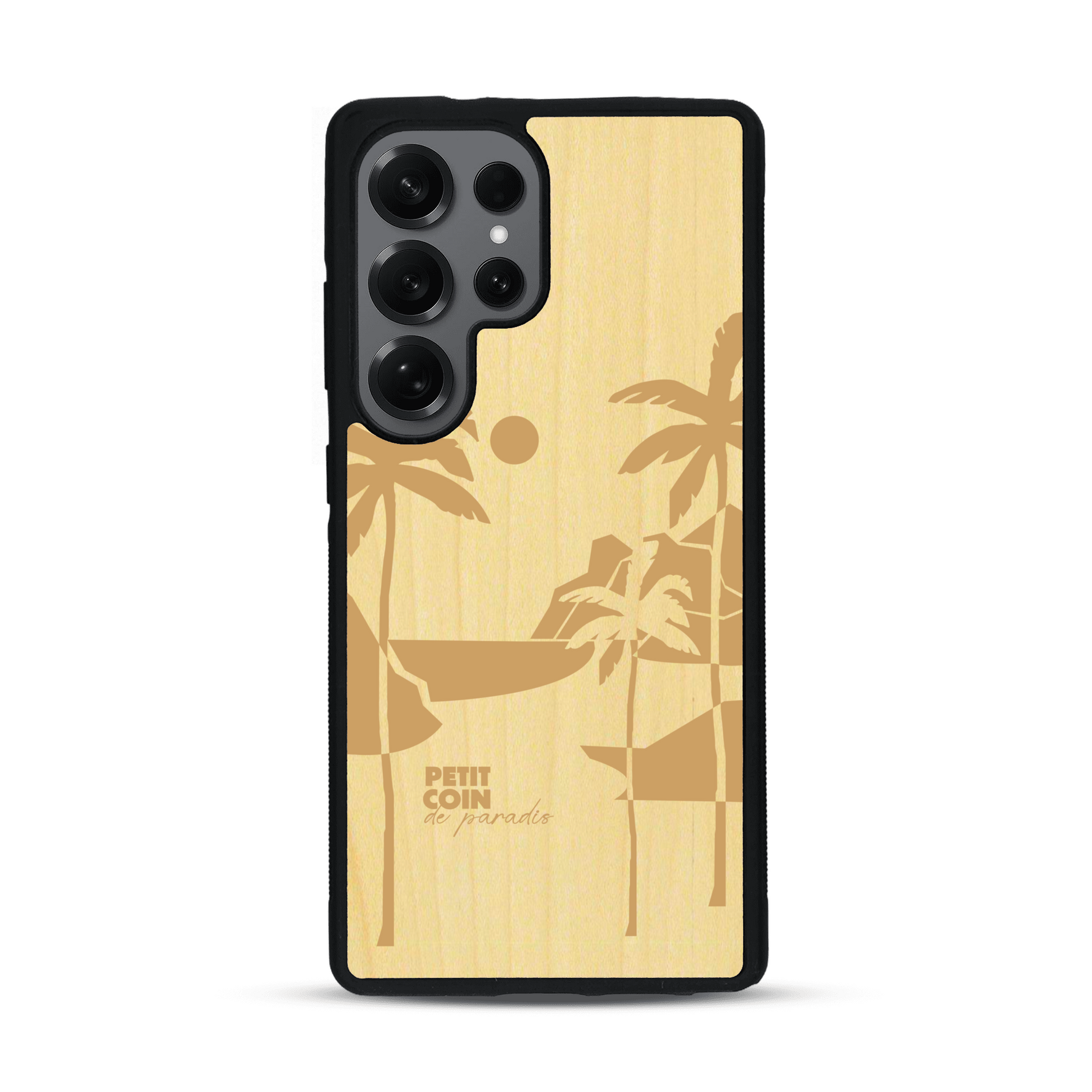 Coque de protection en bois véritable fabriquée en France pour  sur le thème des voyages en vans, vanlife et chill avec une gravure représentant un van vw combi devant le soleil couchant sur une plage avec des vagues