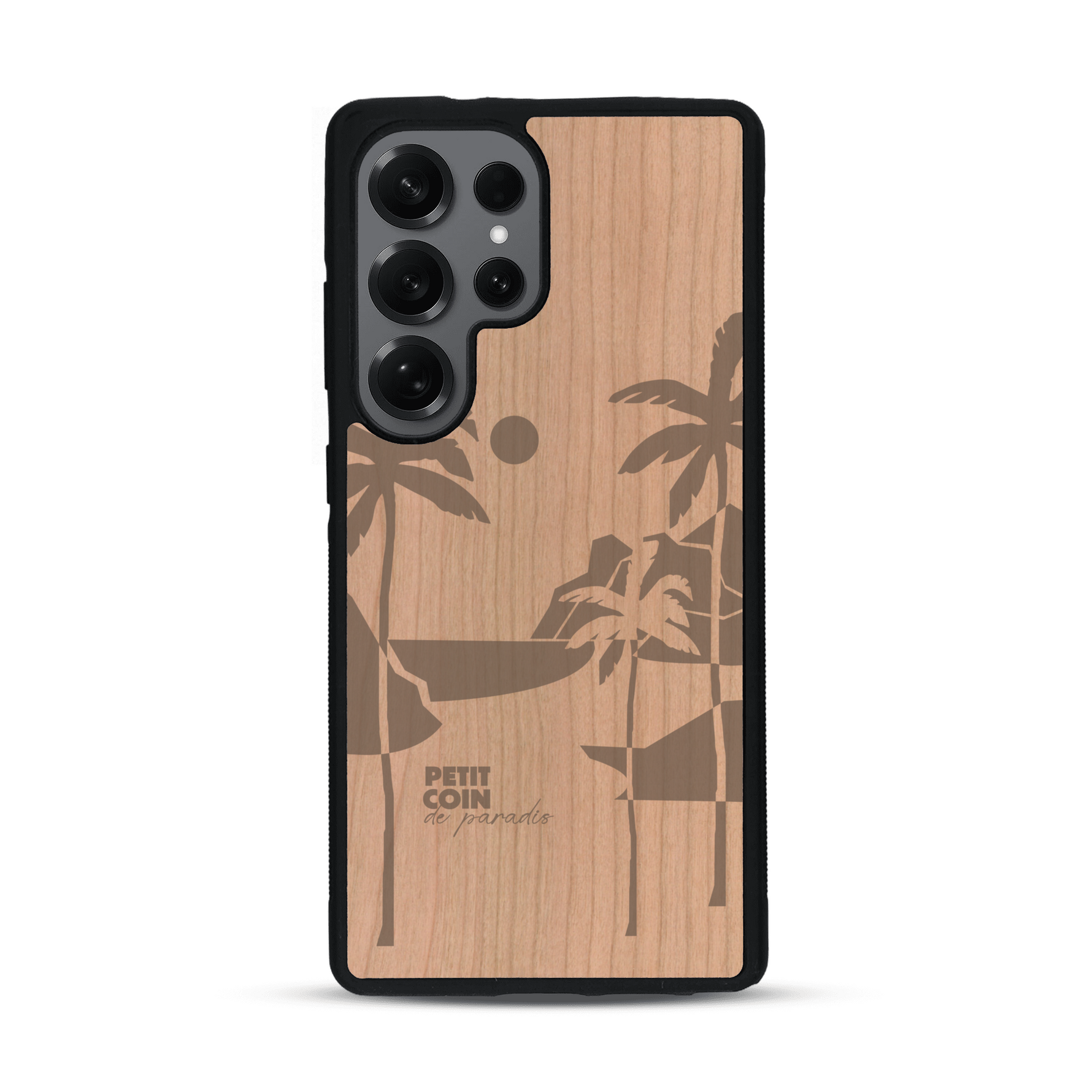 Coque de protection en bois véritable fabriquée en France pour  sur le thème des voyages en vans, vanlife et chill avec une gravure représentant un van vw combi devant le soleil couchant sur une plage avec des vagues