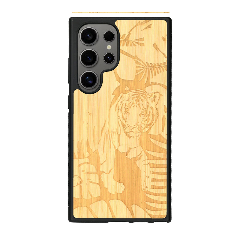 Coque de protection en bois véritable fabriquée en France pour Samsung S25 Ultra sur le thème de la nature et des animaux représentant un tigre dans la jungle entre des fougères