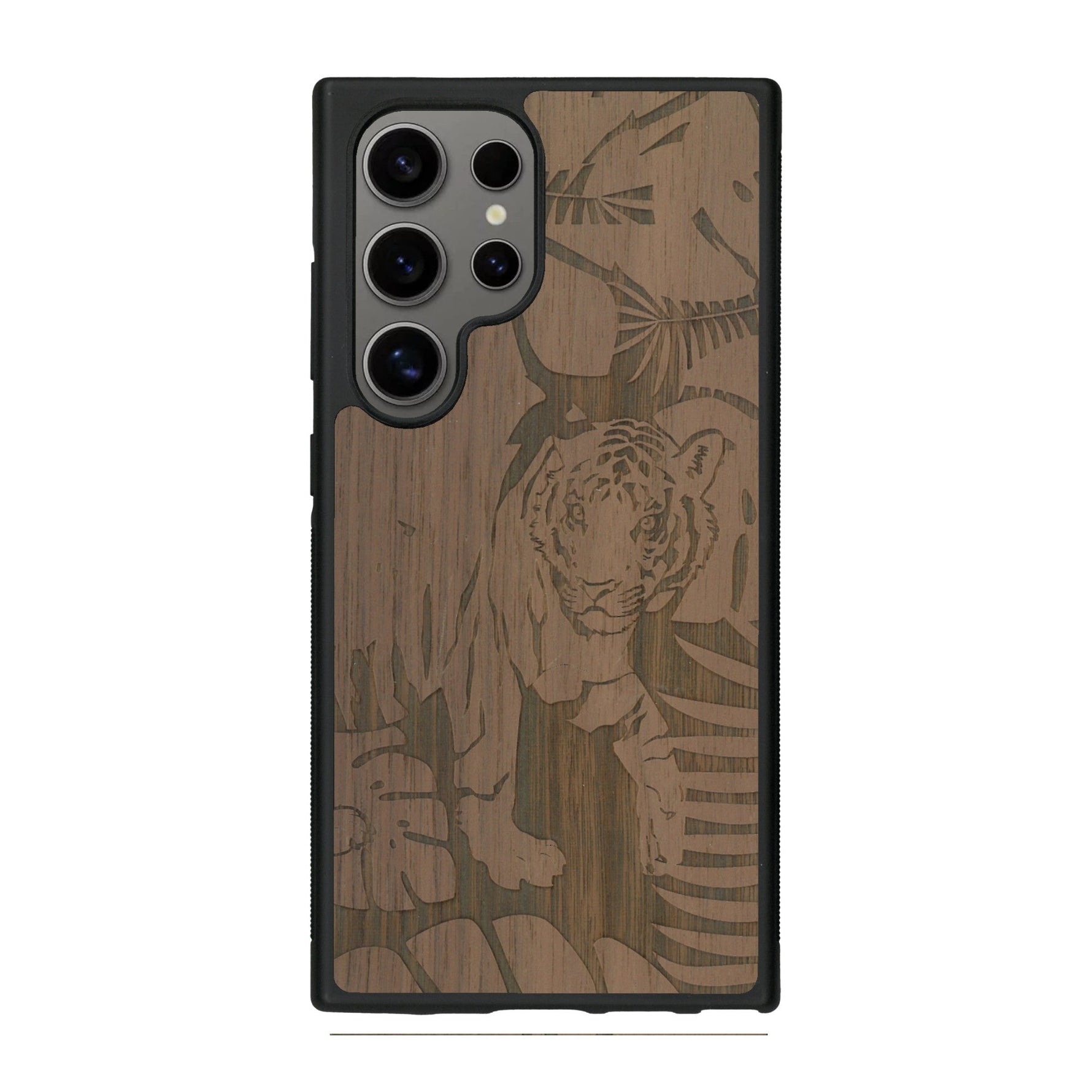 Coque de protection en bois véritable fabriquée en France pour Samsung S25 Ultra sur le thème de la nature et des animaux représentant un tigre dans la jungle entre des fougères