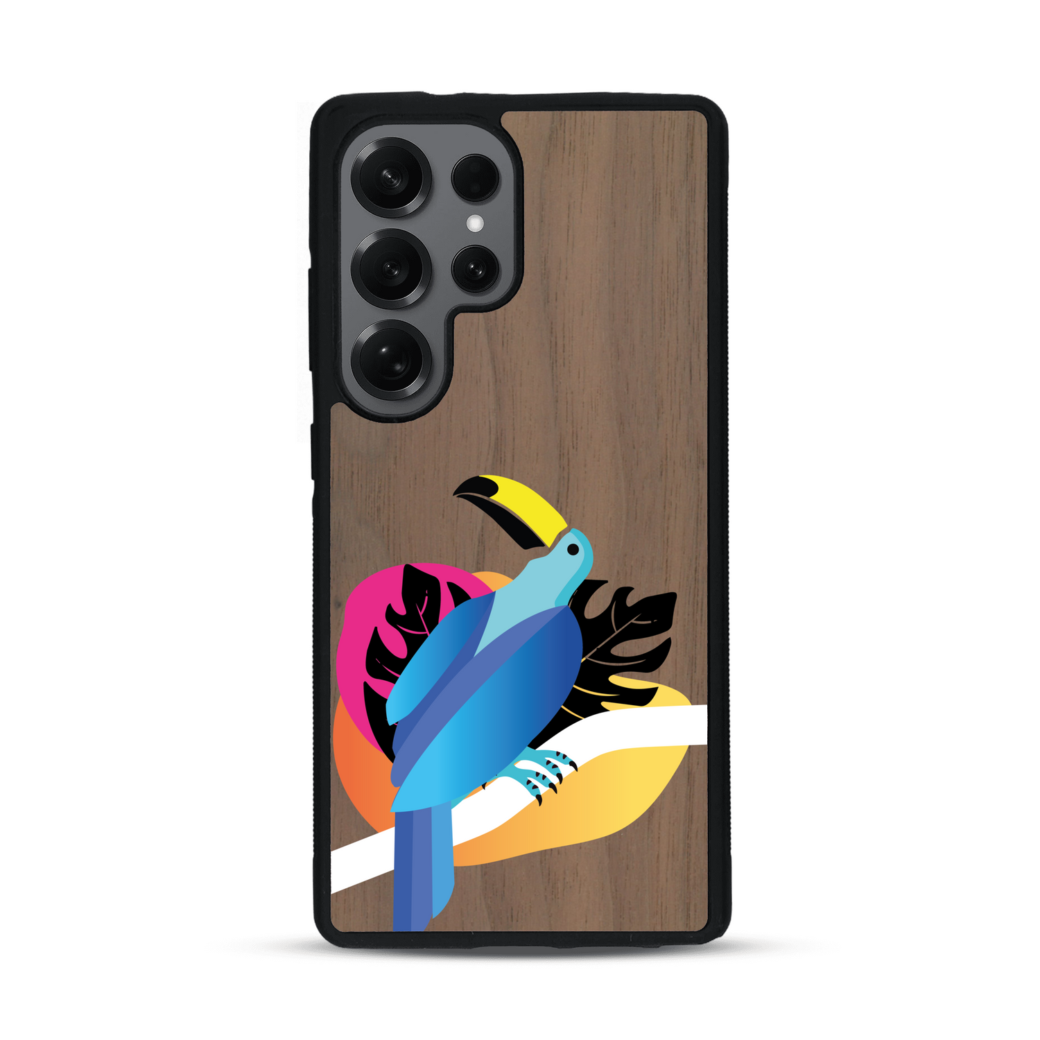 Coque de protection en bois véritable fabriquée en France pour Samsung S25 Ultra représentant un toucan coloré avec un design moderne et minimaliste sur le thème de la jungle et de la nature