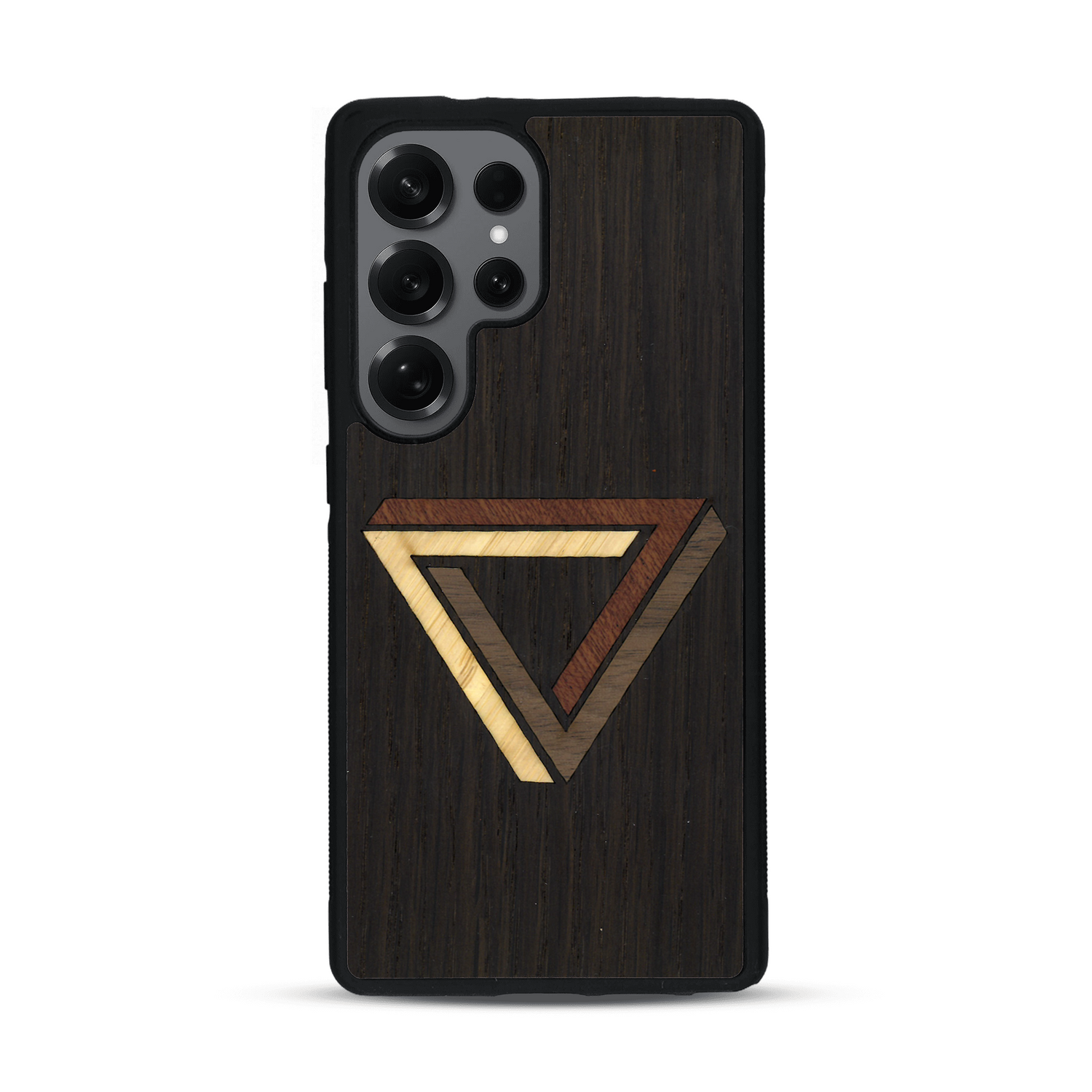 Coque de protection en bois véritable fabriquée en France pour  sur le thème de l'art géométrique qui allie du chêne fumé, du noyer, du bambou et du padouk représentant le triangle de penrose