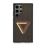 Coque de protection en bois véritable fabriquée en France pour Samsung S25 Ultra sur le thème de l'art géométrique qui allie du chêne fumé, du noyer, du bambou et du padouk représentant le triangle de penrose