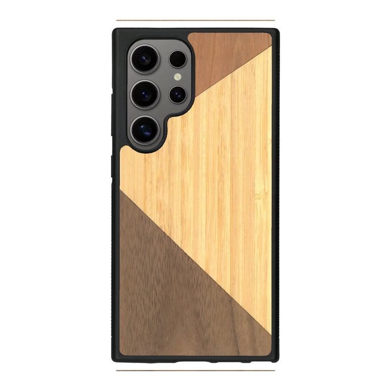 Coque de protection en bois véritable fabriquée en France pour Samsung S25 Ultra alliant du merisier, du noyer et du bambou formant chacun deux triangles et un trapèze avec deux jointures en diagonale sur le thème de l'art abstrait
