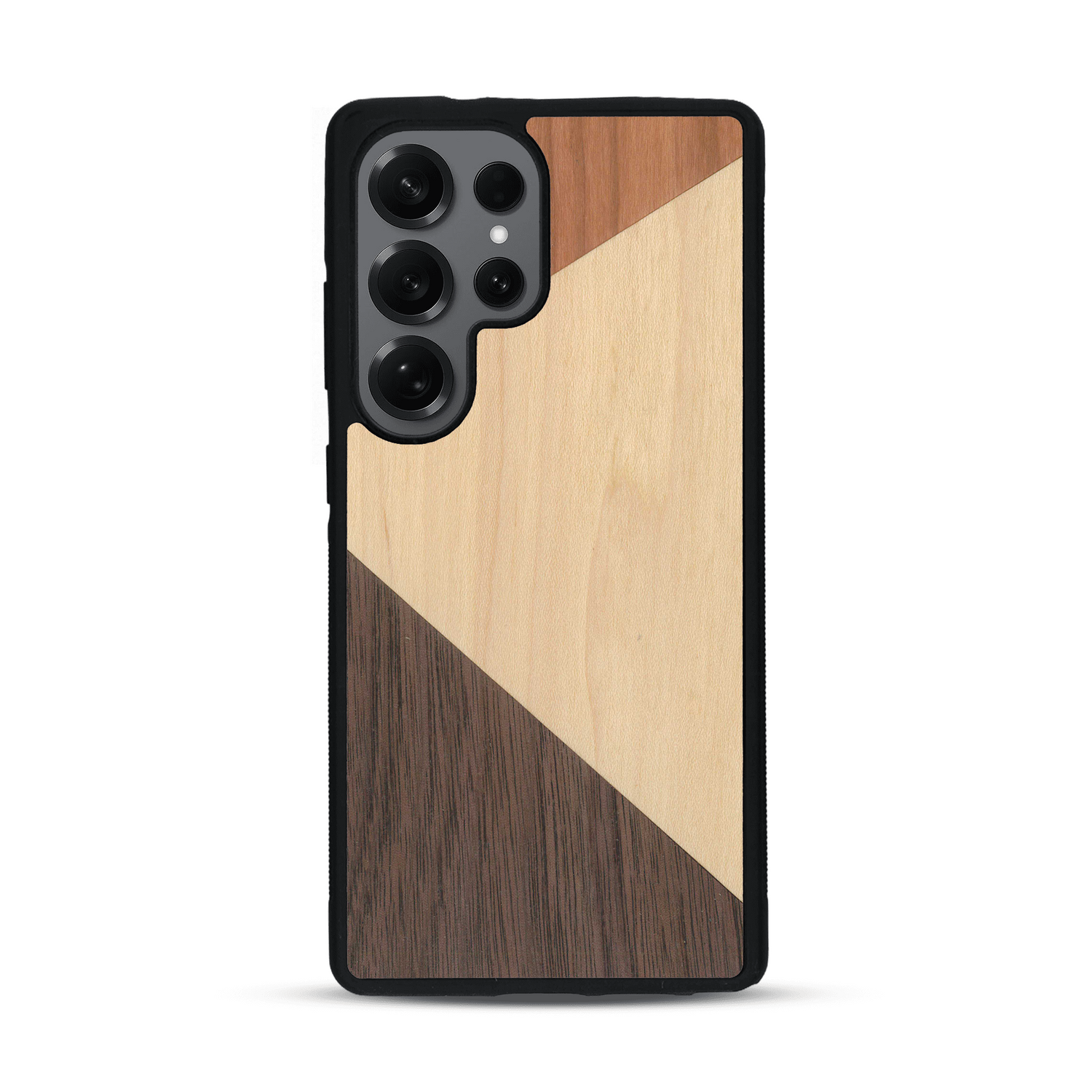 Coque de protection en bois véritable fabriquée en France pour  alliant du merisier, du noyer et du bambou formant chacun deux triangles et un trapèze avec deux jointures en diagonale sur le thème de l'art abstrait