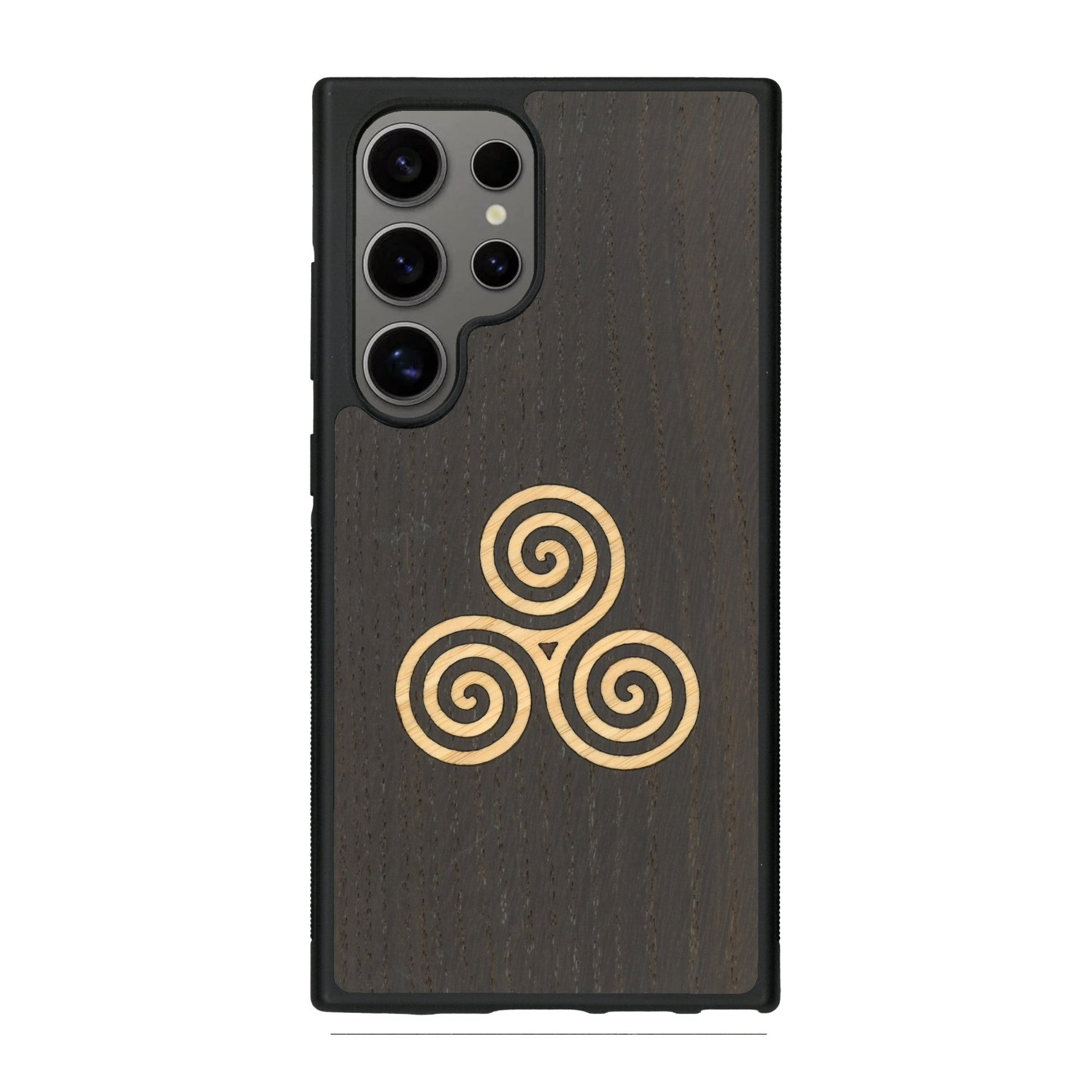 Coque de protection en bois véritable fabriquée en France pour Samsung S25 Ultra alliant du chêne fumé et du bambou et doré représentant un triskell