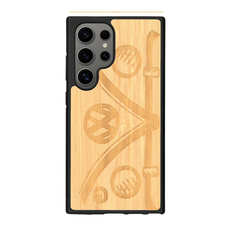 Coque de protection en bois véritable fabriquée en France pour Samsung S25 Ultra sur le thème de l'automobile avec un van combi