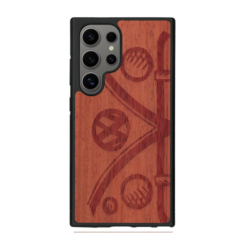 Coque de protection en bois véritable fabriquée en France pour Samsung S25 Ultra sur le thème de l'automobile avec un van combi