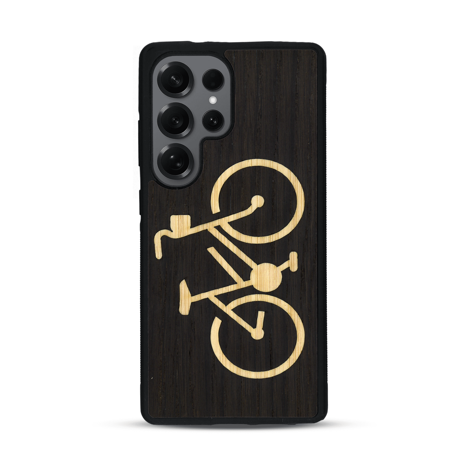 Coque de protection en bois véritable fabriquée en France pour  sur le theme du vélo et de l'outdoor qui allie du bambou et du chêne fumé représentant un vélo