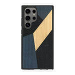 Coque de protection en bois véritable fabriquée en France pour Samsung S25 Ultra alliant du bambou, du tulipier bleu et noir en forme de mosaïque minimaliste sur le thème de l'art abstrait