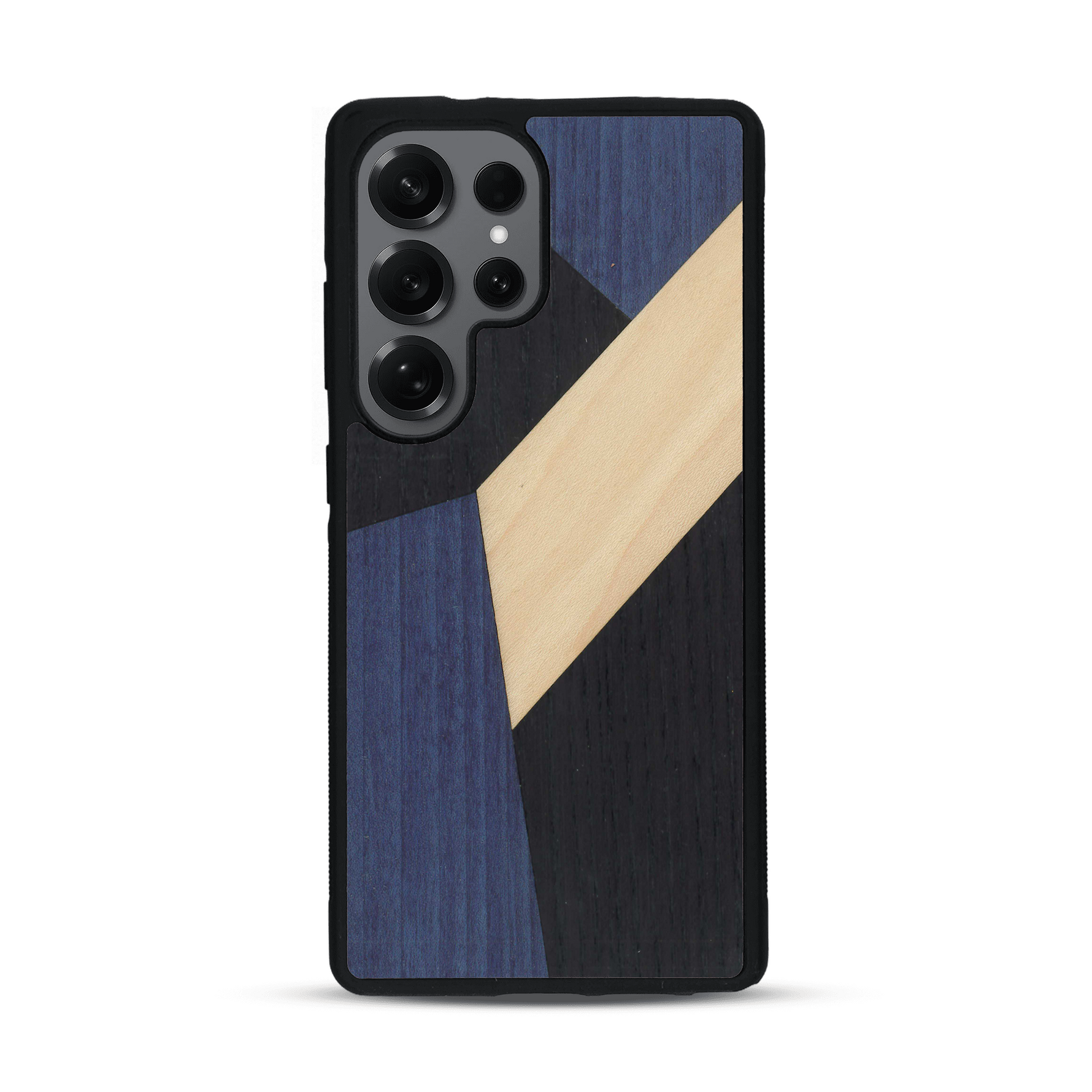Coque de protection en bois véritable fabriquée en France pour  alliant du bambou, du tulipier bleu et noir en forme de mosaïque minimaliste sur le thème de l'art abstrait