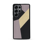 Coque de protection en bois véritable fabriquée en France pour  alliant du bambou, du tulipier mauve et noir en forme de mosaïque minimaliste sur le thème de l'art abstrait