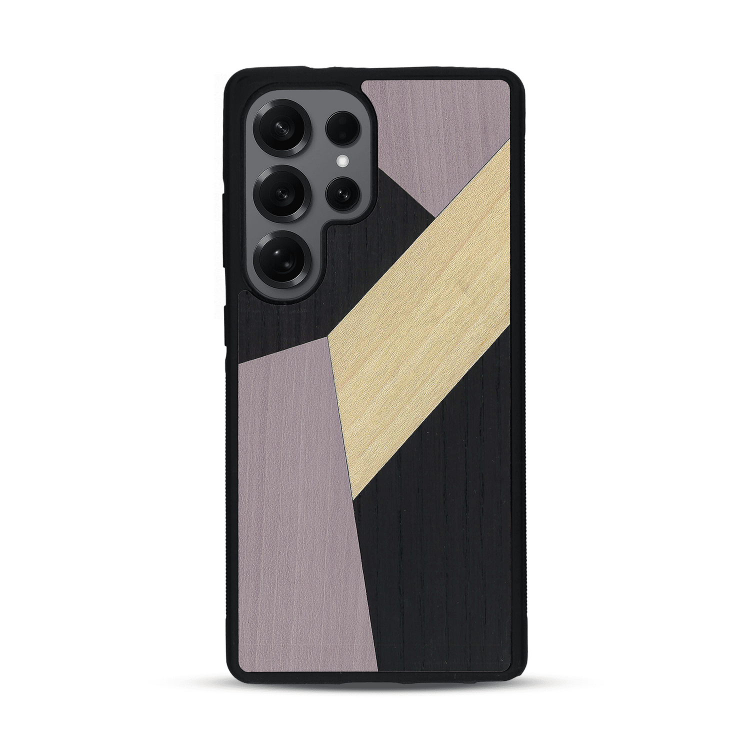 Coque de protection en bois véritable fabriquée en France pour  alliant du bambou, du tulipier mauve et noir en forme de mosaïque minimaliste sur le thème de l'art abstrait
