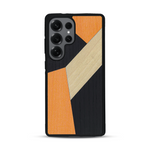Coque de protection en bois véritable fabriquée en France pour  alliant du bambou, du tulipier orange et noir en forme de mosaïque minimaliste sur le thème de l'art abstrait