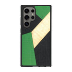Coque de protection en bois véritable fabriquée en France pour Samsung S25 Ultra alliant du bambou, du tulipier vert et noir en forme de mosaïque minimaliste sur le thème de l'art abstrait