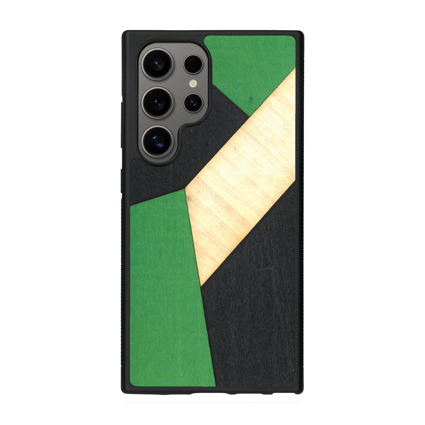 Coque de protection en bois véritable fabriquée en France pour Samsung S25 Ultra alliant du bambou, du tulipier vert et noir en forme de mosaïque minimaliste sur le thème de l'art abstrait