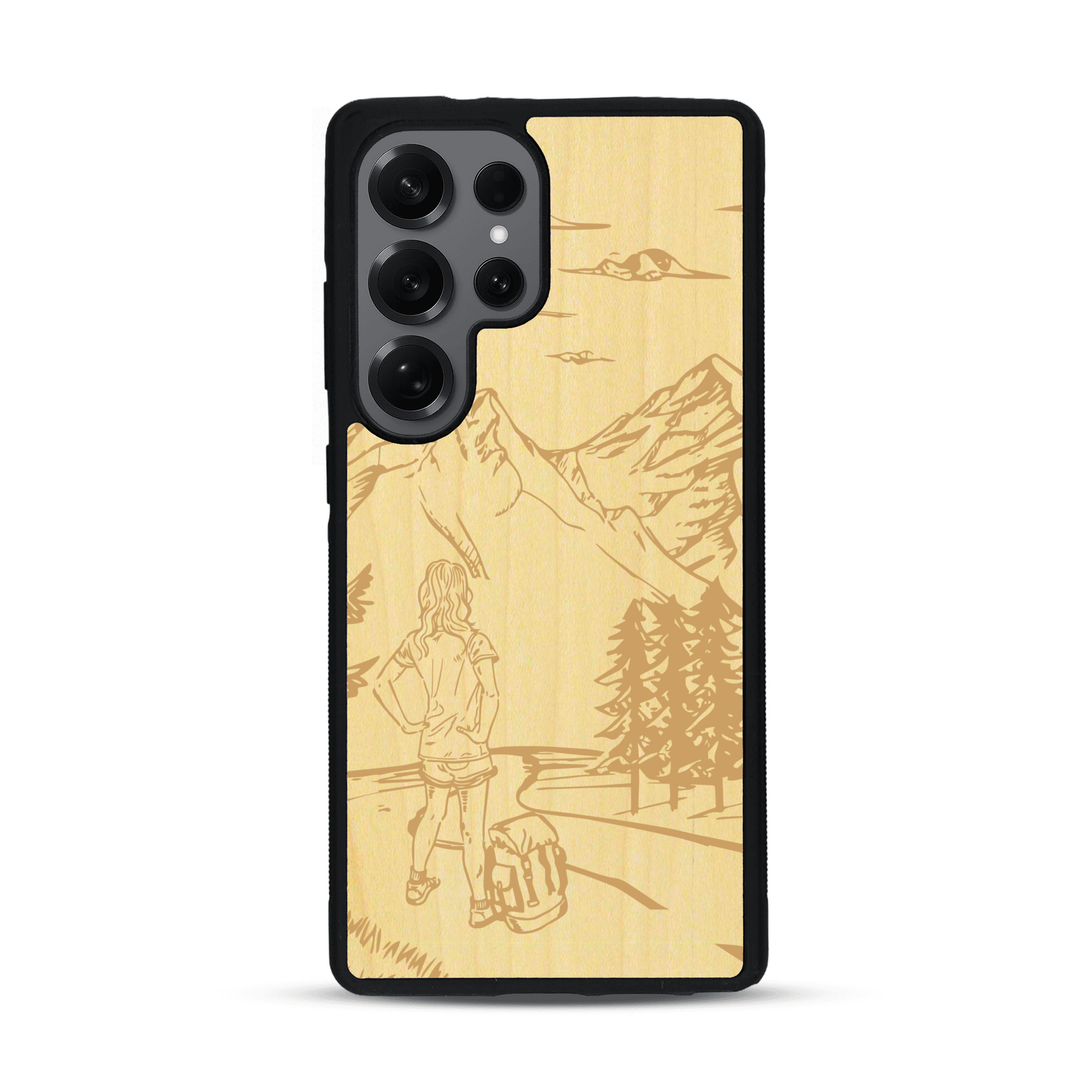 Coque de protection en bois véritable fabriquée en France pour  sur le thème de la randonnée en montagne et de l'aventure avec une gravure représentant une femme de dos face à un paysage de nature