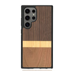 Coque de protection en bois véritable fabriquée en France pour Samsung S25 Ultra alliant des bandes horizontales de bambou, merisier et noyer